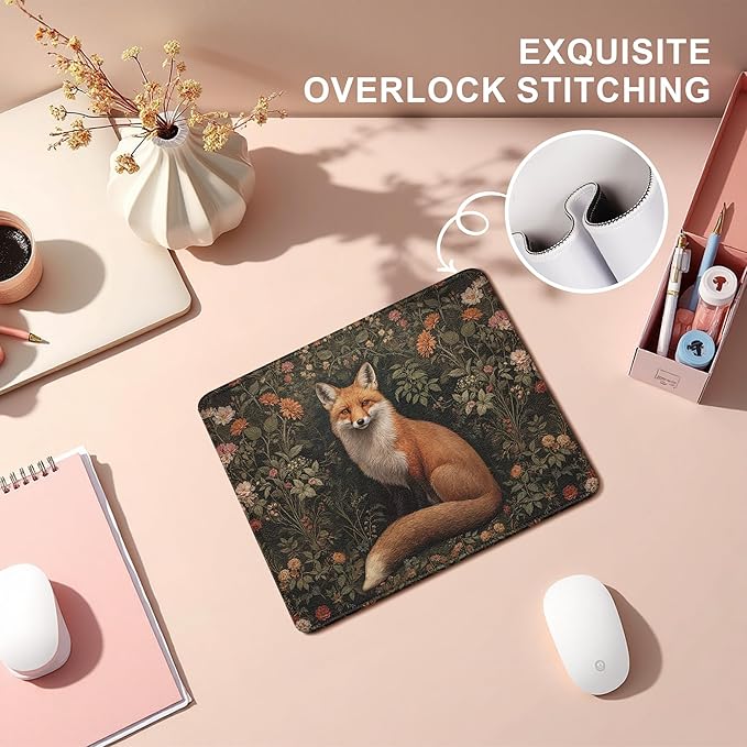 Vintage Moody Floral Fox Mouse Pad, Fox Lover Gifts, Dark Cottagecore Botanical Forest Animal Mouse Pads Mousepad for Home Office Dorm Computers Laptop Supplies Desk Accessories, 9.5x7.9 Inch