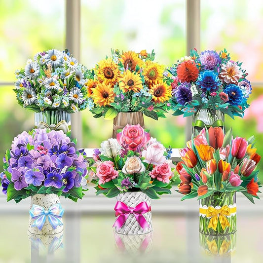 Pop Up Card Floral Bouquets for Women, Dasiy Sunflower Voilet Tulip Dahlia Rose Greeting Set for Grandmother Mom Wife Sister Mother's Day Birthday Gift, Includes Envelopes and Blank Note Card