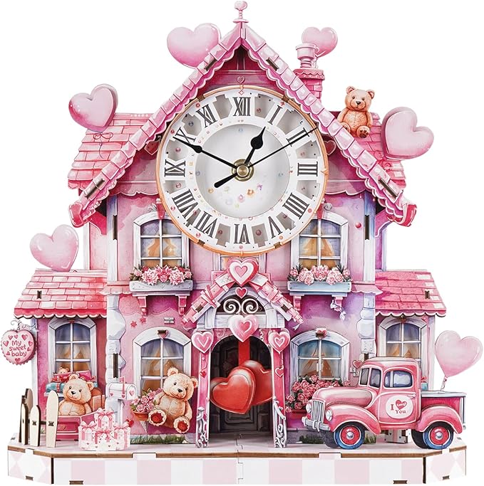 3D Puzzles for Adults Clock-Sweetheart Cottage Design Model Kit-Mechanical DIY Pendulum Clock with Roman Numerals-Desk Home Office Decor Personalized Gift for DIY Lovers