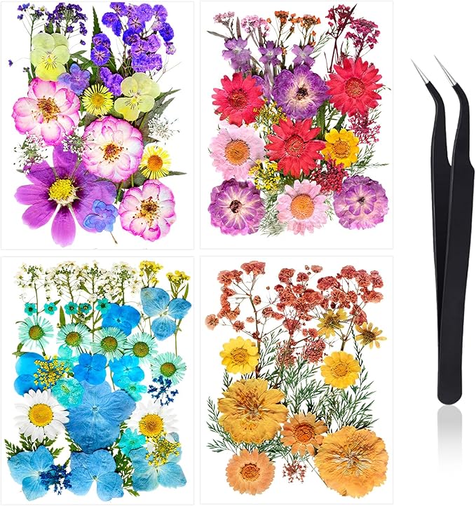 100 Pcs Dried Flowers for Crafts – Real Natural Pressed Flowers & Leaves with Tweezers for Resin, Jewelry, Scrapbooking, Candle & DIY Art