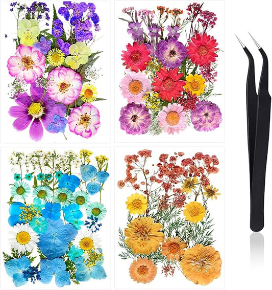 100 Pcs Dried Flowers for Crafts – Real Natural Pressed Flowers & Leaves with Tweezers for Resin, Jewelry, Scrapbooking, Candle & DIY Art