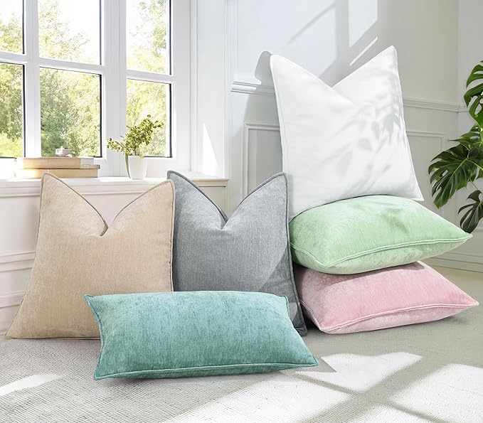 decorUhome Spring Couch Euro Sham Throw Pillow Covers 26x26 Set of 2, Decorative Soft Velvet Neutral Chenille Pillow Covers with Elegant Design for Sofa Bed Living Room Home Decor, Beige