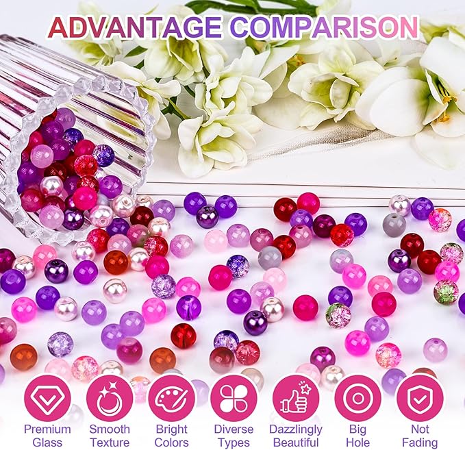 XSEINO About 1200PCS 8mm Glass Beads Bracelet Making Kit，48 Assorted Dreamy Red and Purple Series Colorful Crystal Beads for Bracelet and Jewelry Making and DIY Crafts,Friendship Bracelets