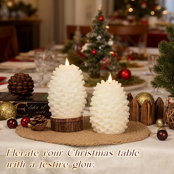 Pinecone Flameless Candles with Remote Timer, 2 Pack Real Wax Battery Operated LED Candles for Christmas Decorations, Rustic Holiday Table Centerpieces, Winter Home Décor White
