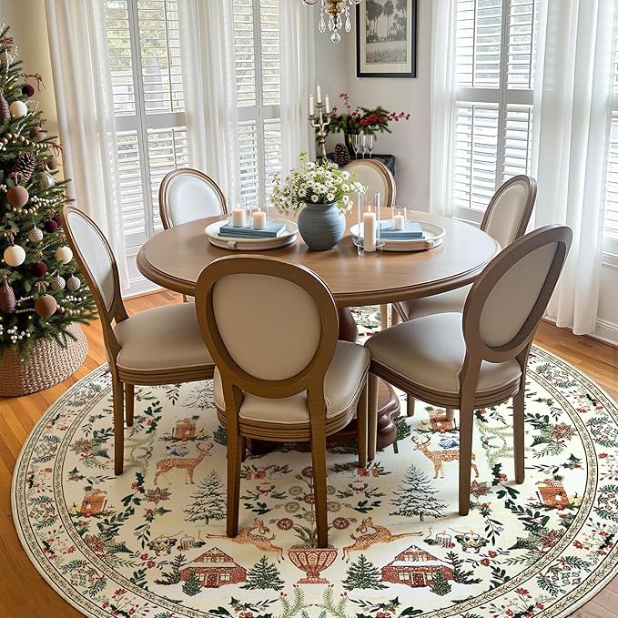 jinchan Round Christmas Rug for Dining Room 8ft Circle Holiday Rug for Living Room Printed Christmas Tree and Cabin 8'Soft Indoor Carpet for Bedroom Washable Non-Slip Winter Xmas Decor Green on Beige