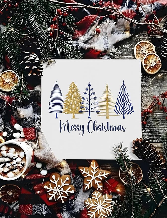 Navy Blue Gold Christmas Tree Wooden Box Sign, Christmas Signs for Home Decor, Minimalist Xmas Tree Wood Signs for Home Office Desk Shelf Tabletop Decor, 5x5 Inch Decorative Signage