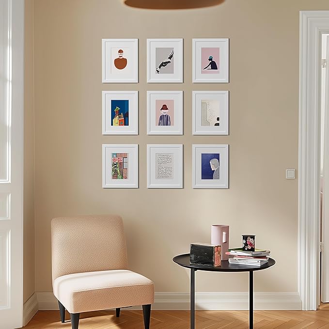 eletecpro 8x10 Picture Frames Set of 9 Classic Gallery Wall Frame Set, Displays 5x7 with Mat or 8x10 No Mat, Picture Frames Collage Wall Decor, White Frames for Home Decor