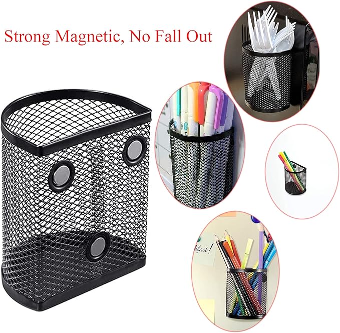 Mantouxixi 2 Pack Magnetic Pencil Holder Fridge, Metal Mesh Basket Storage Organizer with Extra Strong Magnet to Hold Refrigerator, Locker Accessories, Office Supplies - Black (Semicircle)