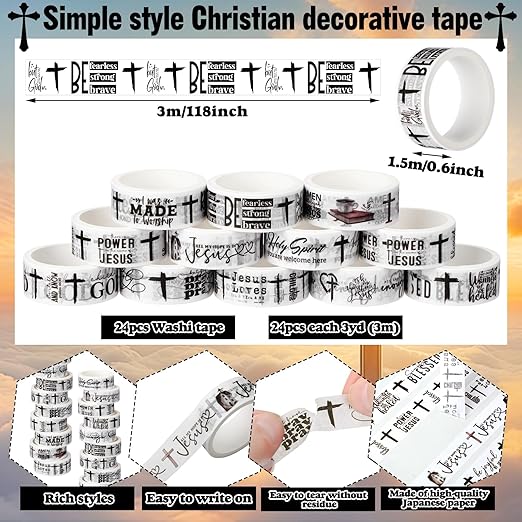 Janlaugh 24 Rolls Christian Washi Tape Gifts Bulk Religious Inspirational Scripture Supplies Bible Verse Tape for Bible Study Journaling Crafting Christmas Stocking Stuffers Gift(Simplicity)