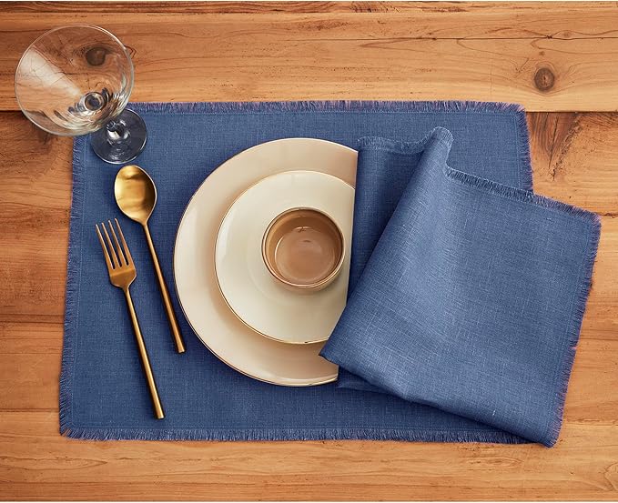 Solino Home Fringe Linen Placemats Set of 4 - Vintage Blue Placemats 14 x 19 Inch - 100% Pure Linen Table Mats for Winter, Spring, Easter