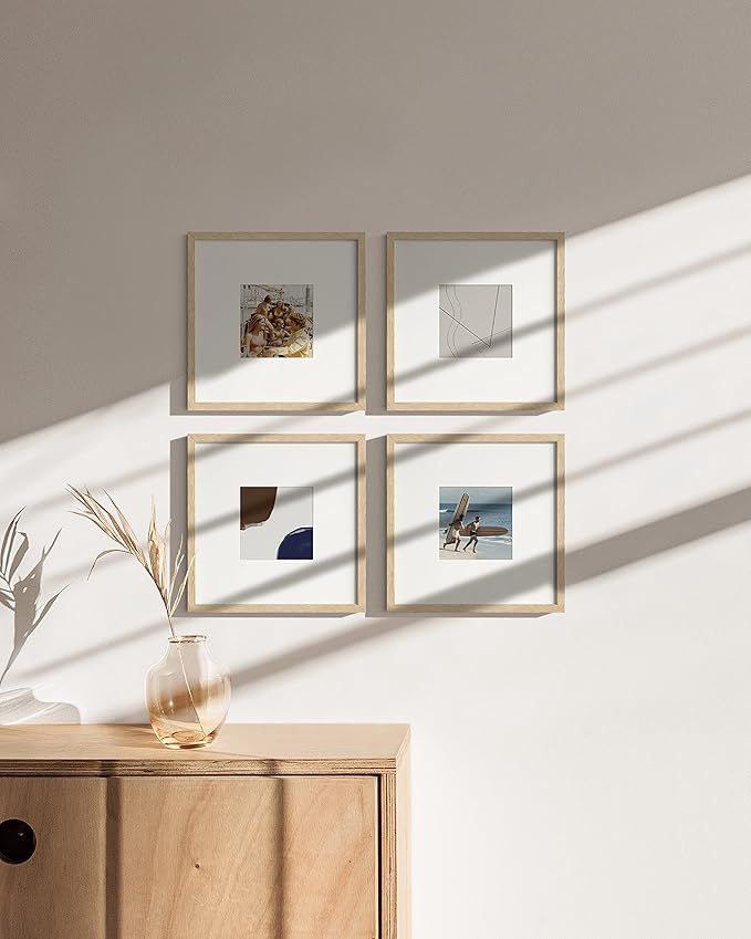 HAUS AND HUES Beige Oak Wood 10x10 Picture Frames - Set of 4, Square Frames with Mat, Modern Gallery Wall Frames for Posters (10x10 in, Beige, Set of 4)