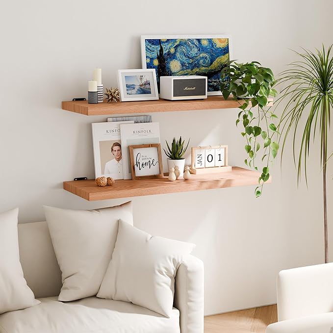 36 Inch Solid Oak Floating Shelves - Natural 12 Inch Deep Wall Shelf Set of 2, Rustic Display Shelf, Hanging Wall Shelf Decoration for Bedroom, Bathroom, Living Room