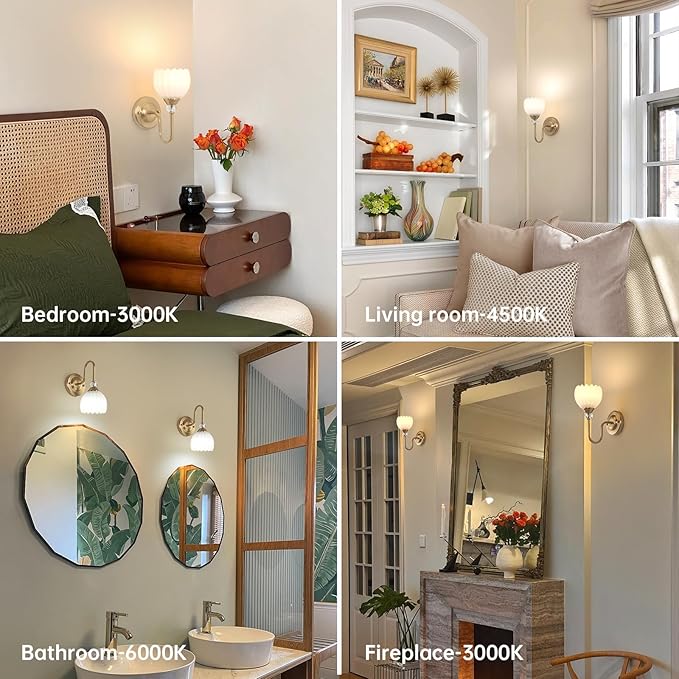 Set of 2 Vintage Battery Operated Wall Sconce, Rechargeable Wall Lamp with 5000mAh Battery & Remote Control, Dimmable Wall Lights with tulip shade for Bedroom Bathroom Living Room, (Tulip White Up)