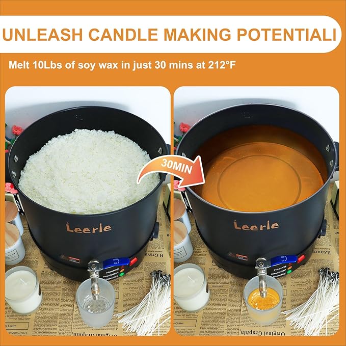 Leerie 20Lbs Commercial Wax Melter for Candle Making, L10 Extra Large Electric Wax Melting Pot Kit for Candle Making Business with Heating Core Brass Spout & Temp Control & Heat Resistant Handle