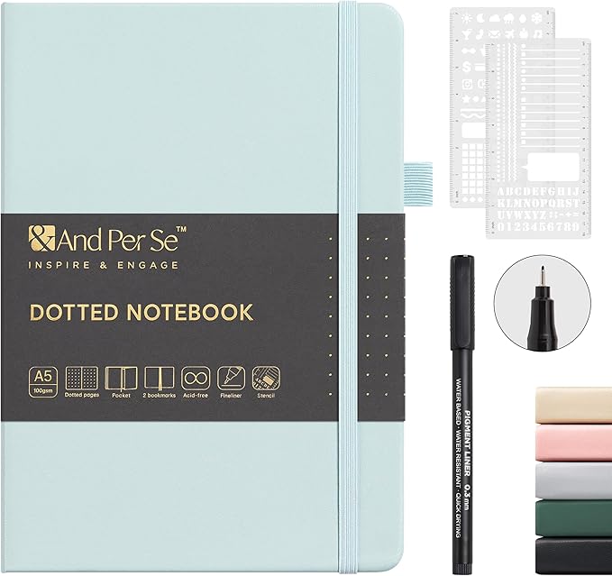 &And Per Se Bullet Dotted Journal Notebook, A5 Leather Hardcover, 176 Numbered Pages 100GSM Thick Dotted Paper, 2 Sheets of Stencils Included - 5.7'' x 8'' (Cyan)