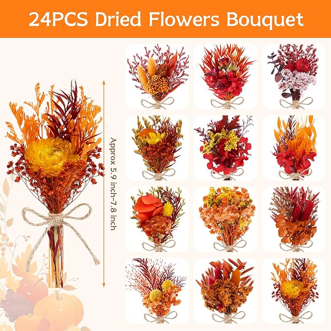 12/24 PCS Charming Dried Flowers Bouquet for Vase Various Dried Wildflowers with Stems Mini Handmade Wildflowers Natural Real Flowers Bulk Flowers Craft (Burnt Orange Series, 12PCS)