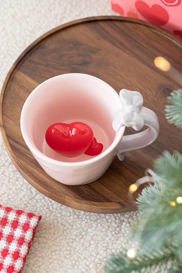 DIHOclub Ceramic Coffee Mug with Love Figurine & Bow Handle, Giftable Novelty Tea Cup for Lover Women Men, Valentine's Day Gift Idea (Pink)