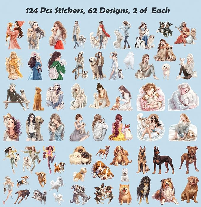 Scrapbook Stickers Set, 124Pcs Girls with Pets Dogs Sticker for Scrapbooking and Journaling, Junk Journal Supplies, Bullet Journals Materials, Planner DIY Arts Craft Collage