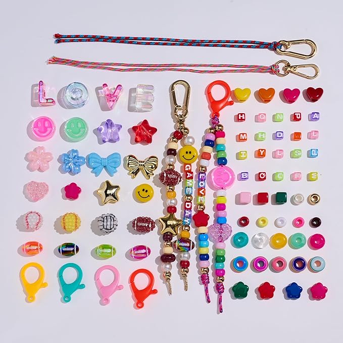 MYCUTEY DIY Keychain Making Kit-Beaded Keychain＆Bag Charm Craft Supplies with Keyrings,Cords and Colorful Football,Letter,Star,Heart,Pony Beads for Kids,Personalized Name A-Z Jewelry Making Kit Gifts