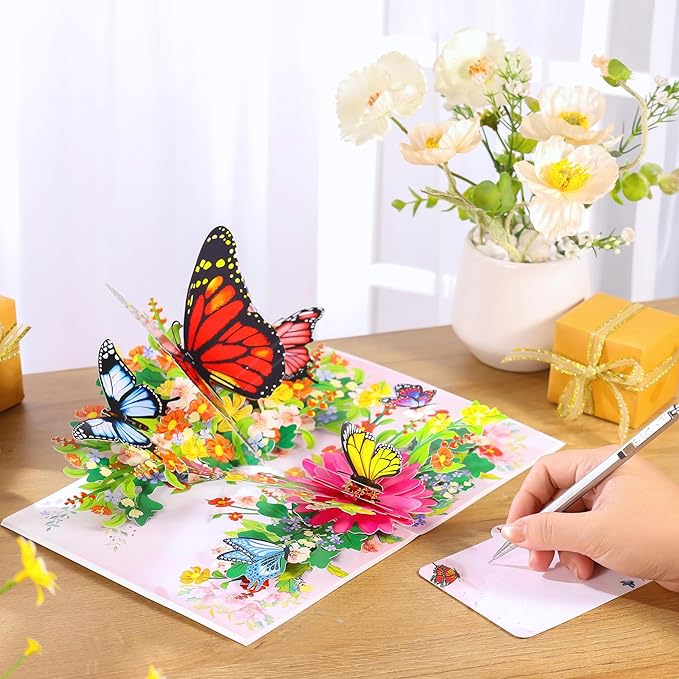 Butterflies Pop Up Birthday Card For Women&Wife, Beautiful Flowers, Ideal Gift for Birthday, Mothers Day, Thank You, Anniversary, Valentines, All Occasion for Women, Wife, Mom, Sister, Grandma, Her