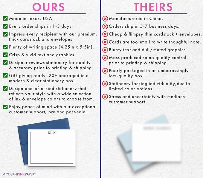 Modern Pink Paper 3 Letter Monogram Stationery Set for Men or Women FLAT NOTE CARDS, Monogrammed Note cards with Envelopes, Monogrammed Stationary Set PROFESSIONAL, Your Choice of Colors and Quantity