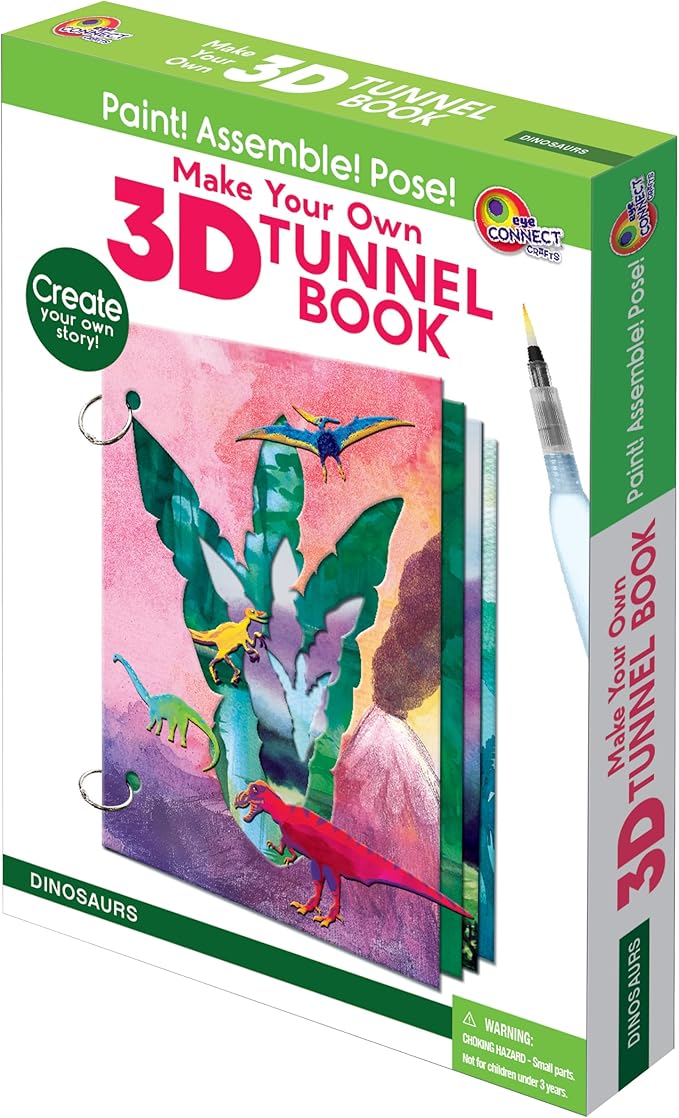 EyeConnect Crafts DIY Medium 3D Tunnel Book - Dinosaurs | Creative Pop-in STEAM Craft Set for Kids & Teens | Build Paint & Customize with Mini Characters | Fun Pop-Up Art Activity Kit