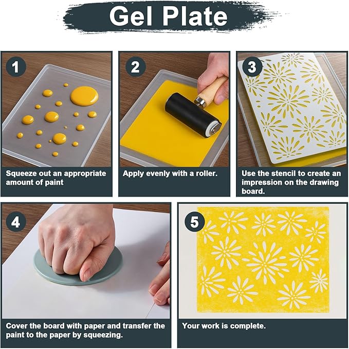 INNOVAYOU 5 * 7inch Gel Plate Kit, Set with Gel Printing, Rubber Roller, Watercolor Paints, Stencils, Printing Paper, Rollers and Baren, Suitable for Card Making, Arts and Crafts, Scrapbooking, Diary