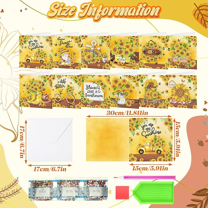 Saillong 12 Pack Sunflower Diamond Painting Greeting Card Kits DIY Diamond Art Cards with Envelopes Summer Flowers Gnome 5D Rhinestones Painting Card for Adults DIY Crafts Family Friend Birthday Gifts