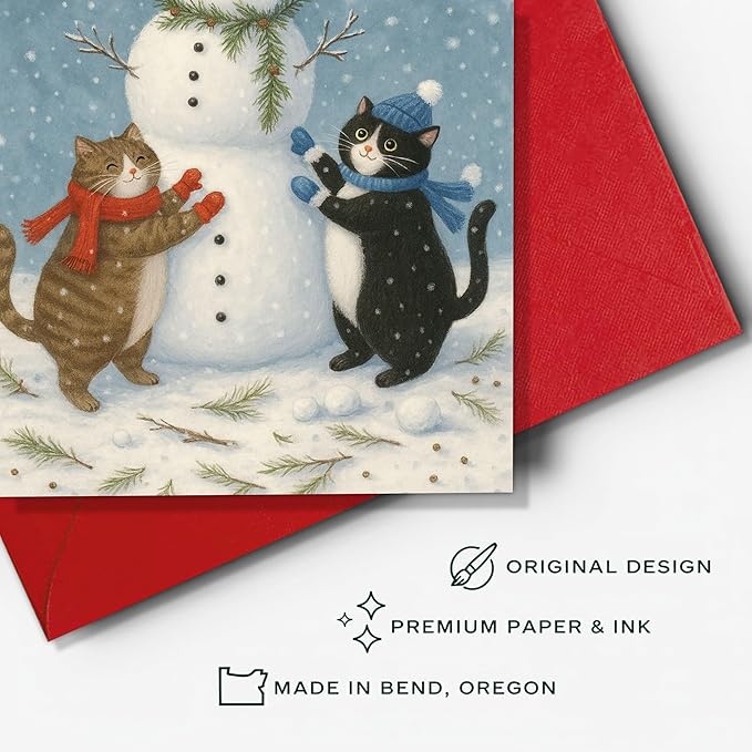 (5.3x8in) Merry Christmas Card with Envelope, Cute Cats Building Snowman Illustration, Cozy Winter Holiday Greeting for Friends, Family, Cat Lovers, and Animal Enthusiasts (Xmas 31)