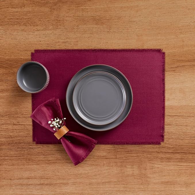 Solino Home Linen Beet Placemats Set of 4-100% Pure Linen Placemats 14 x 19 Inch for Valentines, Winter - Fringe
