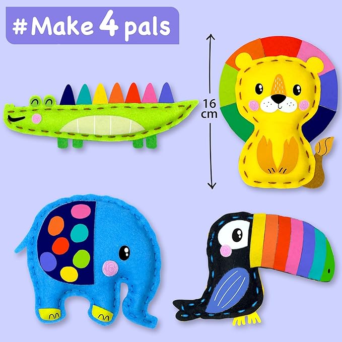 EZCRA Safari Animals Sewing Kit for Kids Ages 4-8, No-Mess Felt Craft Projects, 4 Easy Beginner Learn-to-Sew Toys for Boys and Girls