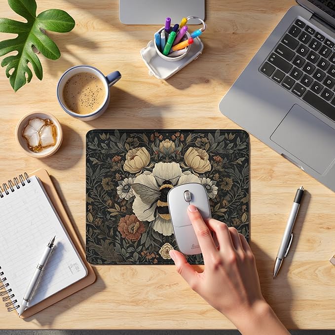 Vintage Moody Floral Bee Mouse Pad, Dark Contemporary Botanical Bumblebee Mouse Pads for Desk Dorm Home Office Computers Laptop, 9.5x7.9 Inch,J091-YZ-SBD