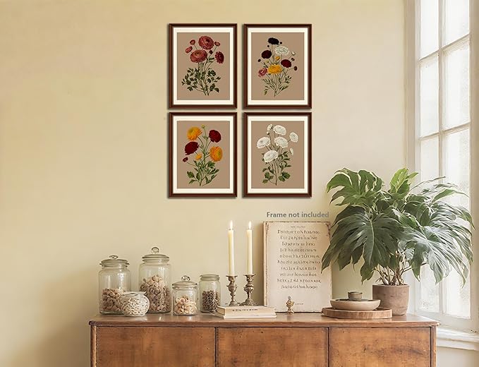 Ranunculus Flowers Prints,Vintage Floral Painting Botanical Canvas Wall Art Poster for Home Office School, Antique Botany Garden Nature Plant Flowers Artwork ,Set of 4 ( 8 x 10 in) Unframed