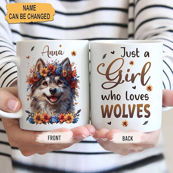 Hyturtle Personalized Cute Wolf Coffee Mug - Gift For Wolf Lover - Just A Girl Who Loves Wolves - Wolf Gift For Women - Animal Lover Gift - Birthday - Custom Name Coffee Cup Ceramic Mug 11oz - 15oz