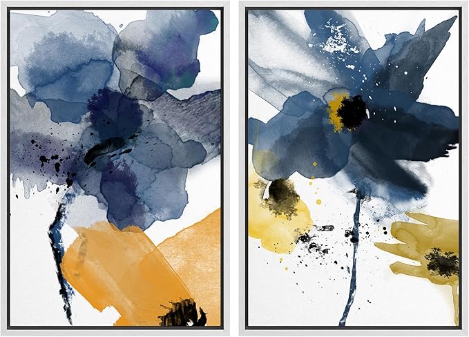 SIGNWIN Framed Wall Art Print Set Watercolor Splash Blue & Yellow Daisies Floral Botanical Illustrations Modern Art Chic Colorful Relax/Calm for Living Room, Bedroom, Office - 24"x36"x2 White
