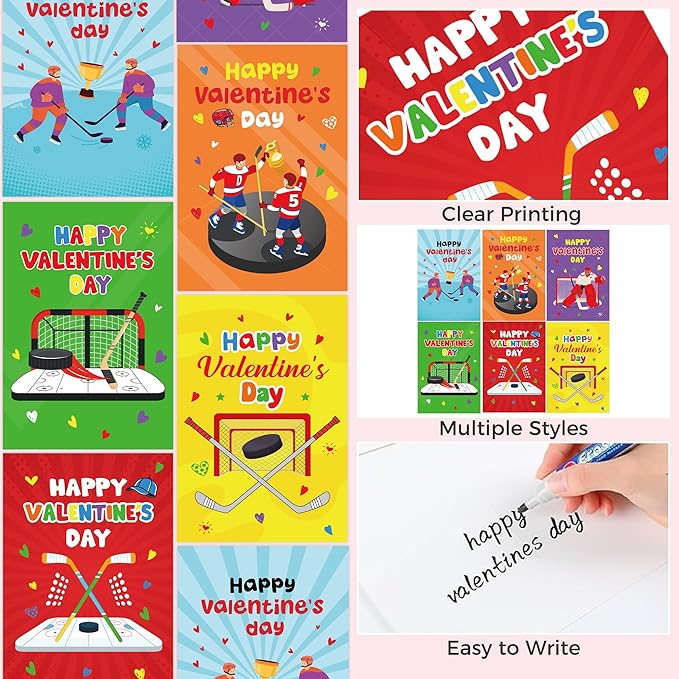 Valentine’s Day Cards for Kids Classroom, 36 Pcs Hockey Valentines Exchange School Set with Envelopes Heart Stickers, Sports Valentine Cards for Boys Girls Party Favors Gifts Exchange