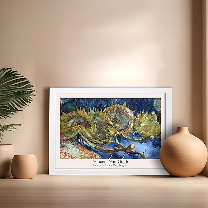 Monem Art Vintage Van Gogh Poster - Retro Blumen in Blauer Vase Anagoria Print - Sunflower Art - Impressionism Art - Fine Art - Classic Painting Art - Bedroom Wall Decor - 16x20 White Framed