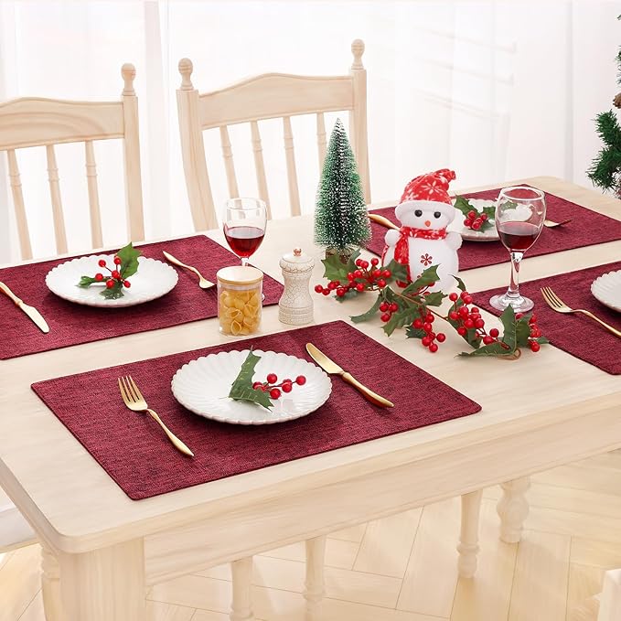 homing Cotton Linen Placemats Set of 8, Cloth Washable Farmhouse Dining Table Mats for Indoors & Outdoors, Easy to Clean, Red, 13 x 19 Inch