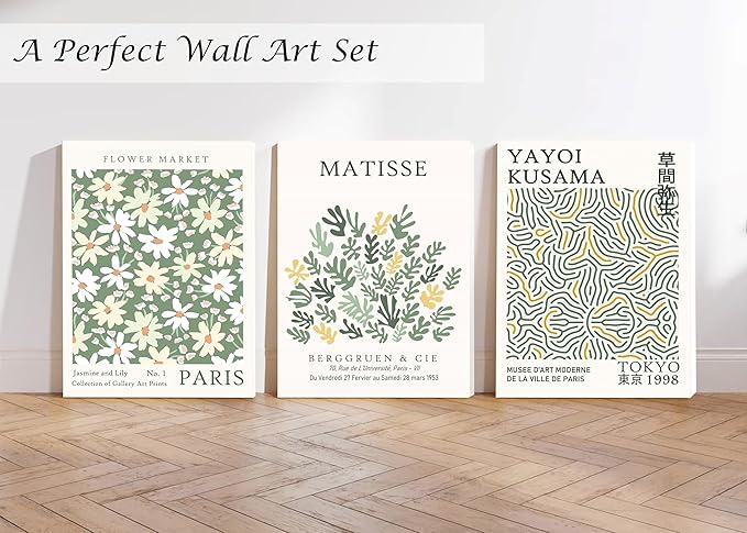 Induslyfe Large Framed Green Wall Art Canvas Decor Set of 3, Matisse Wall Art Framed Prints Posters Mid Century Modern Art, Aesthetic Floral Botanical wall art for bedroom, living room bathroom 18x24