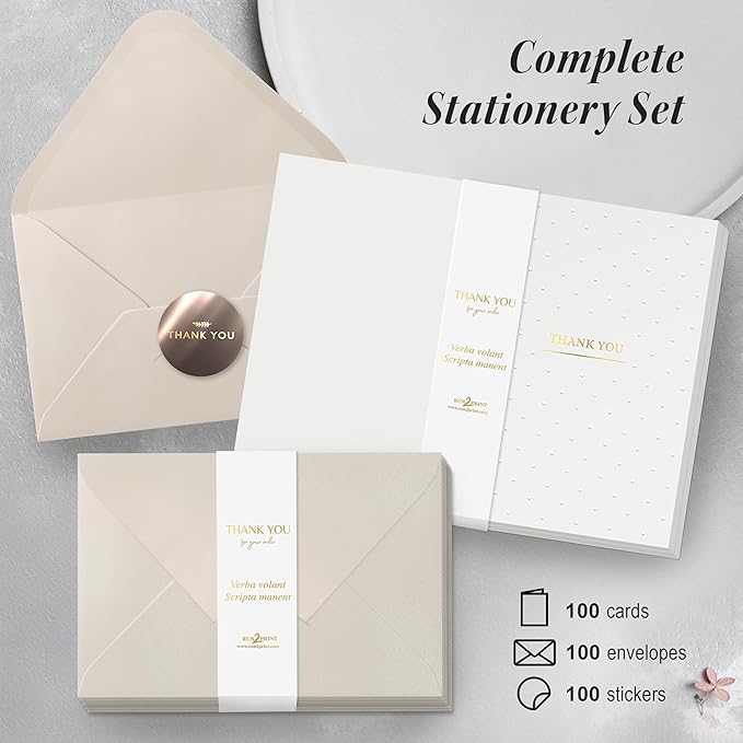 RUN2PRINT Luxury Thank You Cards with Envelopes & Gold Foil Stickers - Bulk Pack of 100 Elegant Blank Notes for Wedding, Baby Shower, Business, Graduation
