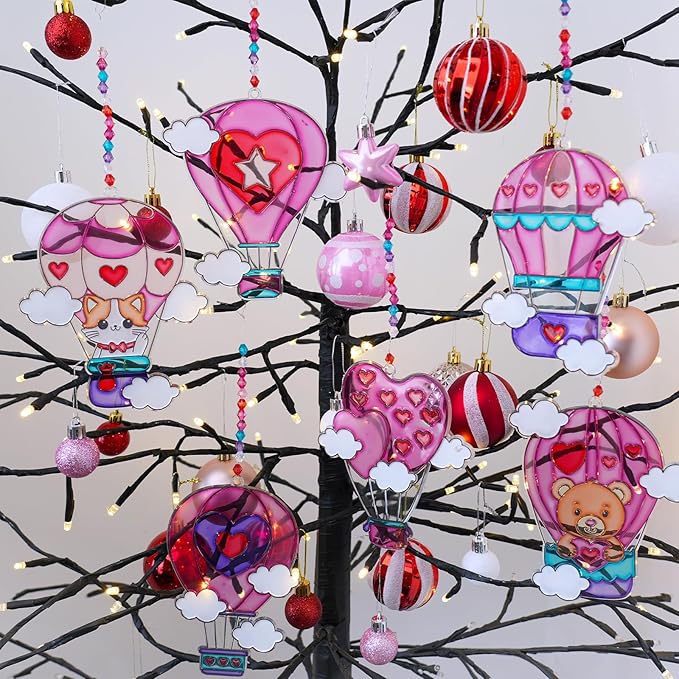 Winlyn 24 Sets Heart Hot Air Balloon Suncatchers Ornaments Decorations DIY Window Paint Art Craft Kits Sun Catcher Painting Kit for Kids Valentine's Day Classroom Activities Party Favors Gift Exchange