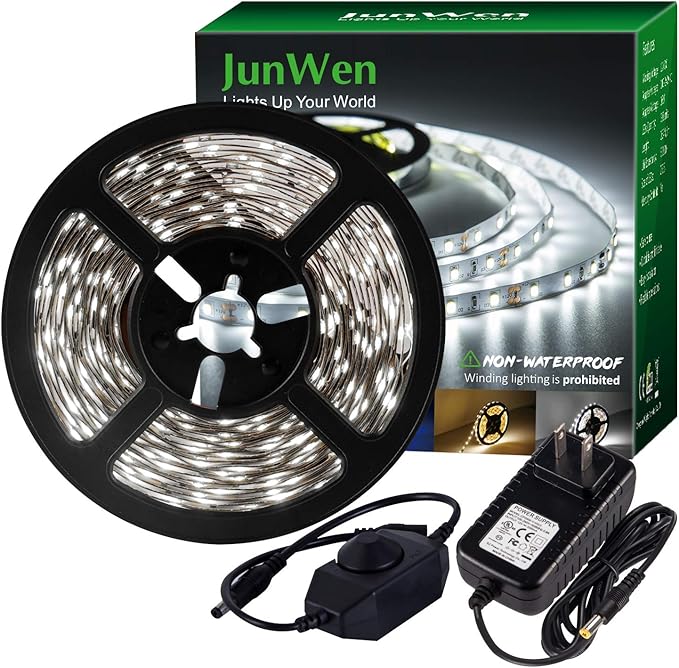 20FT White LED Strip Lights, Dimmable 6000K 360LEDs, Rope Strip Lights, Under Cabinet LED Strip Lights Tape with UL Power Supply for Kitchen, Wedding, Mirro, Not Waterproof.