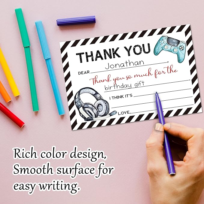 Video Games Kids Thank You Cards, Gamer Thank You Card For Birthday Party, Kids Birthday Cards Fill In The Blank, 20 Pack Greeting Cards With Envelopes For Boys And Girls, 005