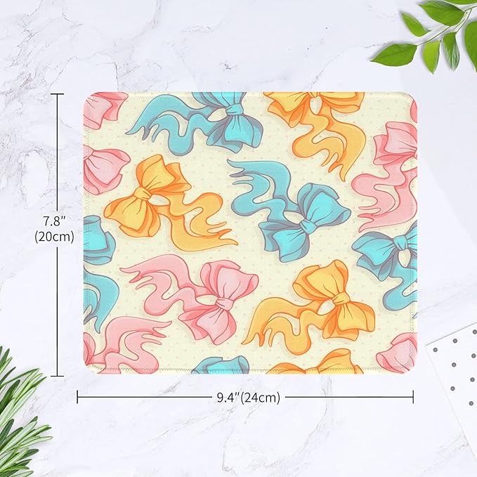 Seorsok Square Aesthetic Oversize Pink Yellow Blue Bows Mouse Mat,Premium Textured Mouse Pads for Office Laptop,Washable Square Mousepads with Extended Stitched Edges Non Slip Rubber Base,Beige