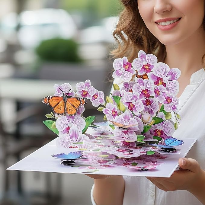 Greeting Card Purple Orchid with Butterflies 3D Pop-Up Cards Handmade Birthday Flower Gift for Women, Mom, Wife, Men 6x8 Inches Aniversary Wedding Christmas Gifts Floral