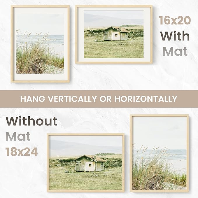 18x24 Poster Frame, USA-Sourced Natural Maple Wood Picture Collage Frame with HD Tempered Glass, Modern Simple 18 x 24 Wooden Photo Frame Matted to 16x20, Vertical & Horizontal Wall Hanging Display