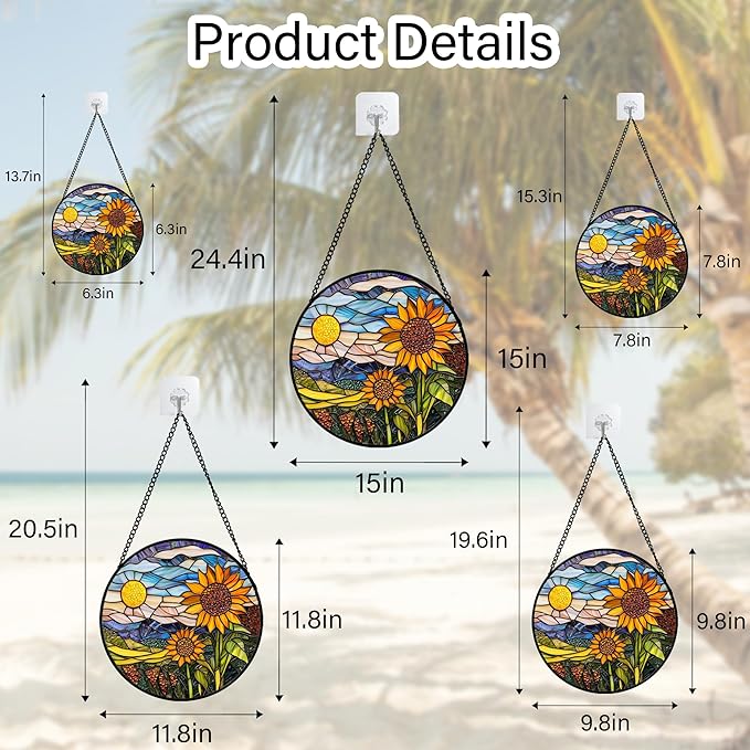 Stained Glass Suncatcher, Sunflower Flowers Landscape Sun Catcher Plant Mountains Stain Glass Window Hanging Decoration Mother's Day Birthday Gifts for Women Men Mom Nana 15 in
