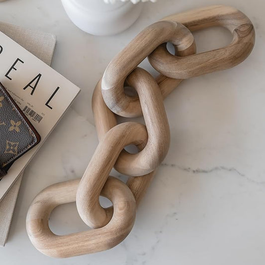 PEAKOLY Book Shelf Decor Items - Acacia Wood Chain Link Decor, Coffee Table Accessories, Bookshelf Decors, Sculpture for Shelves, Wooden Decorative Objects, Link Ornament, Living Room Accents