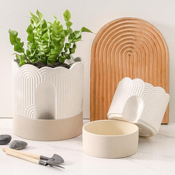 Nihow Self Watering Plant Pot for Indoor Plants with Wick: 8 Inch Ceramic Planter with Drainage Hole & Water Storage - Relief Design - Beige & Nature Flower Pot