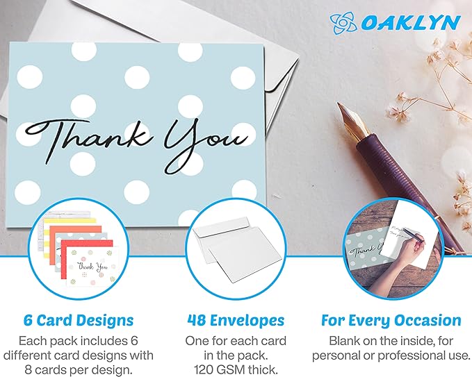 Oaklyn 48 Pack Thank You Cards with Envelopes 4"x 5.25" for Weddings, Baby Shower, Birthday Parties, Business, and Graduation Thank You Cards Blank - Assorted